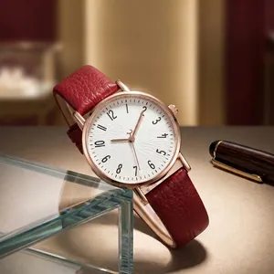 Minimalist Women Quartz Watch Rose Gold Zinc Alloy Case Litchi Grain PU Leather Strap Casual Round Dial Arabic Numerals Wristwatch