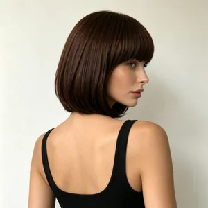 Side view of dark brown Bob wig with bangs and sleek straight hair texture