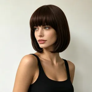 Professional close-up view of a chic dark brown short Bob wig with neat bangs on a model