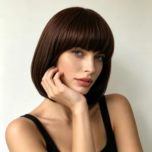 Detailed close-up showing texture and style of short brown bob wig with flat bangs
