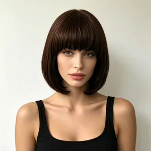 Detailed front view of short straight dark brown bob wig with neat bangs on female model