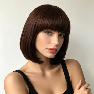 Close-up detail of a stylish short straight dark brown Bob wig with bangs on a model