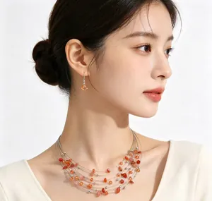 Elegant model wearing bohemian multi-layer gravel necklace and earring set in amber