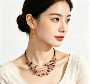 Detailed view of a multi-layer Bohemian stone necklace and earring set on an Asian model