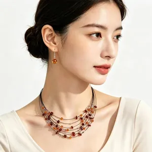 Bohemian Multi-Layer Crushed Stone Necklace And Earrings Vintage Ethnic Crystal Alloy Jewelry For Women Handmade Style