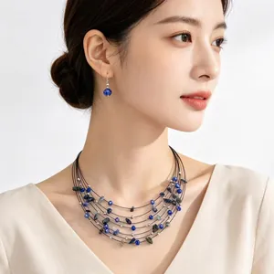 Vintage Bohemian multi-layer crushed stone necklace and earrings jewelry set for women