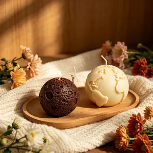 Handcrafted artistic 3D moon and earth shaped scented candles set on a rustic wooden tray