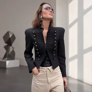 Giacca Militare Vintage da Donna Collo alla Coreana Bottoni Dorati Dettagli ad Alamaro Corta Slim Fit Spalline Capispalla