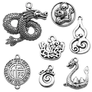 Antique silver Chinese dragon charms for DIY punk style jewelry making and craft decor