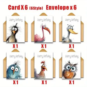 Set of 6 colorful birthday cards featuring funny bird illustrations including envelopes.