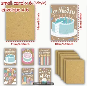 Set of 6 colorful birthday greeting cards with matching brown envelopes for party
