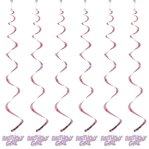 Set de 6 espirales decorativas de oro rosa con colgantes Birthday Girl para fiestas