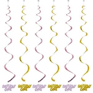 Decoraciones de Remolino Colgante de PVC Birthday Girl Serpentinas de Papel de Aluminio Adornos de Techo Metálicos para Fiesta de Cumpleaños Niñas
