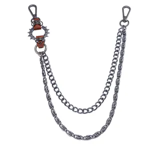 Detailed view of punk rock double metal trouser chain with spiked ring accent for men