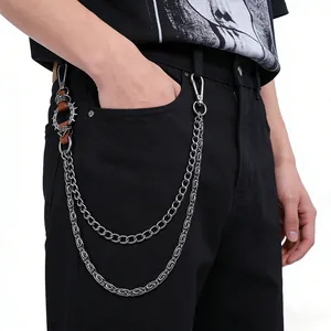 Punk Hip Hop Spiky Double Layer Alloy Pant Chain Vintage Metallic Gothic Rock Waist Wallet Chain Accessory For Men Women