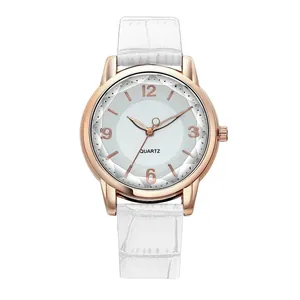 Elegant women's quartz watch with white leather strap and rose gold faceted dial