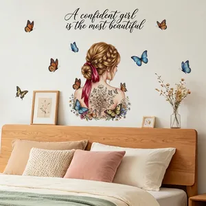 Autocollant mural décoratif vue de dos d'une fille avec fleurs et papillons bleus pour chambre