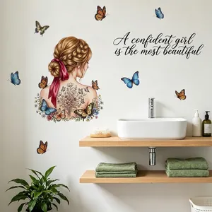 Sticker mural décoratif avec fille et papillons dans une salle de bain moderne.