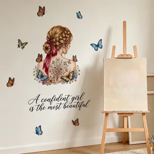Vue détaillée d'un sticker mural fille de dos et papillons avec citation inspirante