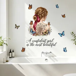 Détail de l'autocollant mural fille avec papillons dans une salle de bain claire