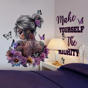 Sticker mural fille et papillons avec citation Make Yourself the Priority pour chambre