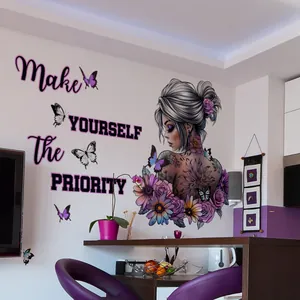 Stickers muraux avec profil de fille florale et texte Make Yourself the Priority