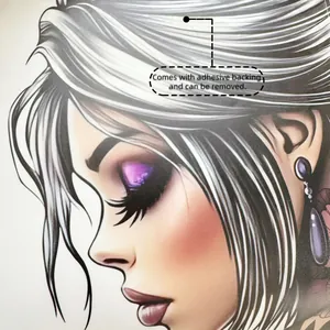 Détail d'un autocollant mural fille avec dos adhésif, ombre à paupières violette et cheveux.