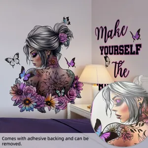 Détail d'un sticker mural fille et papillon avec des fleurs violettes.