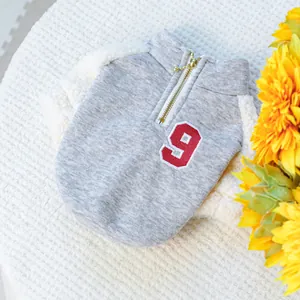 Grey pet fleece sweater featuring a half-zip front and red embroidered number 9 design