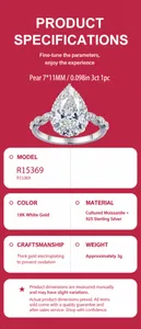 Spécifications détaillées d'une bague de luxe en moissanite poire en argent sterling S925
