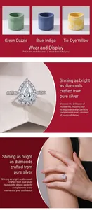 Close-up of a pear-shaped moissanite ring on a model's finger with a 925 silver band.