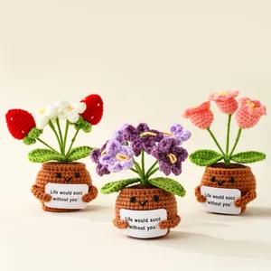 Handmade Crochet Potted Flower Ornament Yarn Knitted Desk Figurine With Positive Slogan Gift Home Office Table Decor