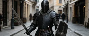 Vista detallada de la armadura medieval negra con espada y escudo en entorno urbano