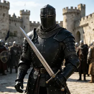 Detalle de armadura de caballero negro renacentista para cosplay medieval y escena