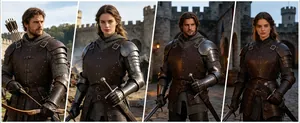Detalle de armadura renacentista de cuero y metal en modelos masculinos y femeninos en castillo.