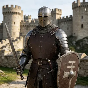 Set completo de armadura medieval de cuero con casco, espada y escudo para cosplay viking.