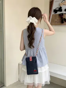 Cute denim mini crossbody bag with cherry embroidery and colorful beaded strap for girls