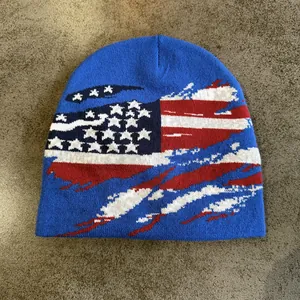 Trendy American flag knit beanie hat with stars and stripes pattern for winter warmth