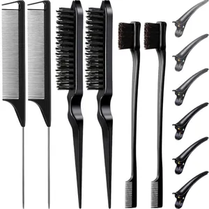 Ensemble de coiffure noir professionnel avec peignes à queue, brosses et pinces cheveux