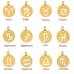 Stainless Steel Twelve Zodiac Signs Hollow Round Plate Pendants DIY Necklace Bracelet Charm Accessories For Jewelry Making
