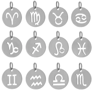 Set of 12 stainless steel zodiac sign charms with hollow circular design for DIY jewelry