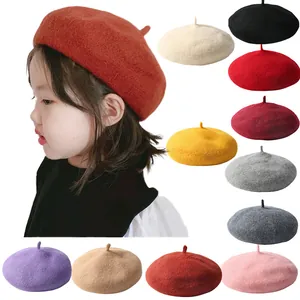 Béret en Cachemire Épaissi de Couleur Unie pour Femmes Enfants Chapeau de Peintre Artiste Français Chaud Hiver Vintage Bonnet Accessoires