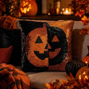 Cojín de lentejuelas reversibles de calabaza de Halloween en un ambiente festivo acogedor