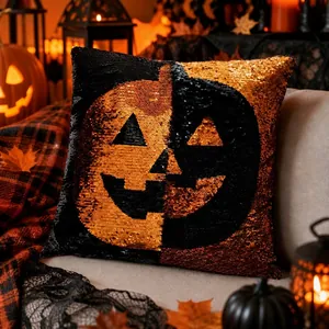 Almohada Creativa De Calabaza Con Lentejuelas Reversibles De Halloween Cojín Jack-O-Lantern Decorativo Para Fiesta Hogar