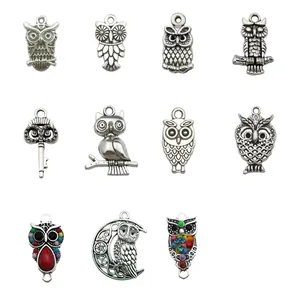 Set of vintage silver owl alloy pendants for DIY jewelry making accessories