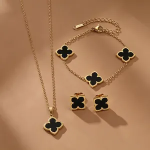 Vintage Clover Necklace Bracelet And Earrings 18K Gold Plated Stainless Steel Elegant Floral Women Jewelry