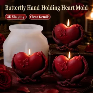 Hands Holding Heart Butterfly Silicone Mold For DIY Aromatherapy Candle Soap Making Epoxy Resin Craft 3D Decorative