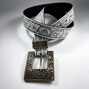 Ceinture vintage en similicuir blanc avec imprimé floral et boucle métallique