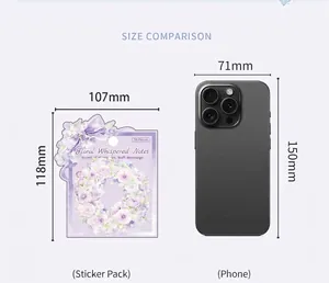 Confronto dimensioni degli adesivi PET floreali con smartphone e misure in millimetri