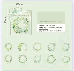 Dettaglio di 10 adesivi PET a ghirlanda floreale per journaling creativo e progetti fai-da-te.